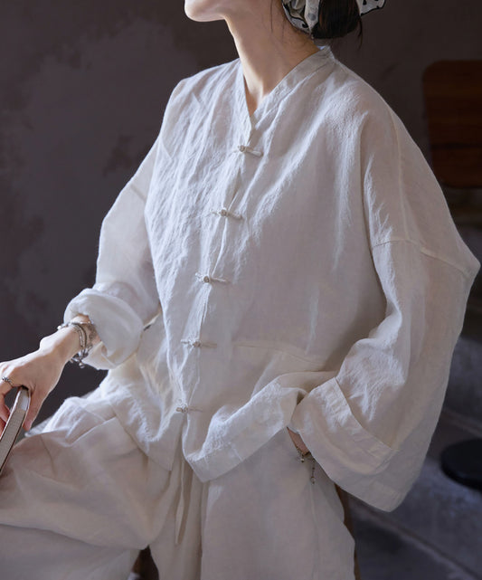edoa Oversized Summer Oriental White Washed Ramie Chinese V-neck Button-up Shirt