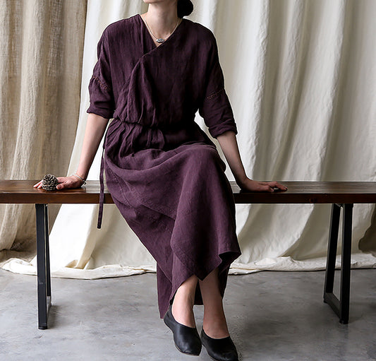 edoa Linen Wrap Dress with Hand Embroidery