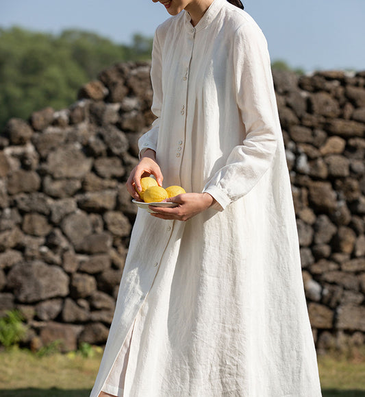 edoa Long Sleeve Pleated Linen Shirtdress