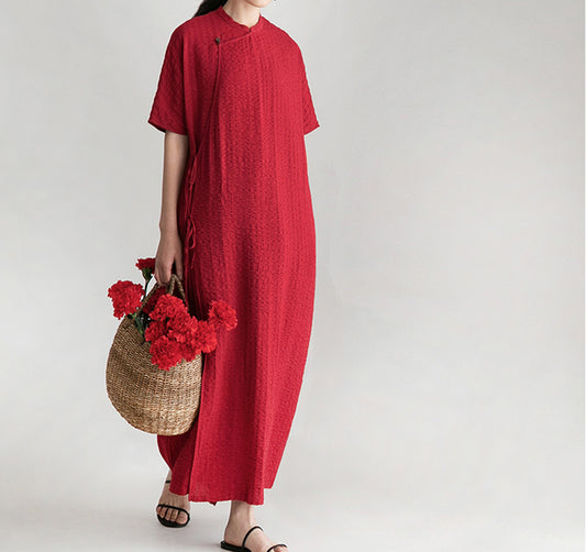 edoa Scarlet Crinkled Stripe Linen Blend Qipao Dress
