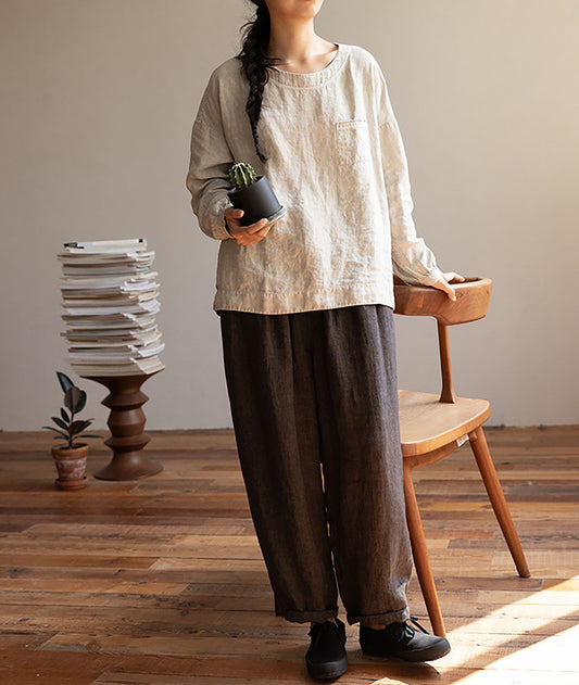 edoa Loose Fit Linen Long Sleeve Pullover Shirt
