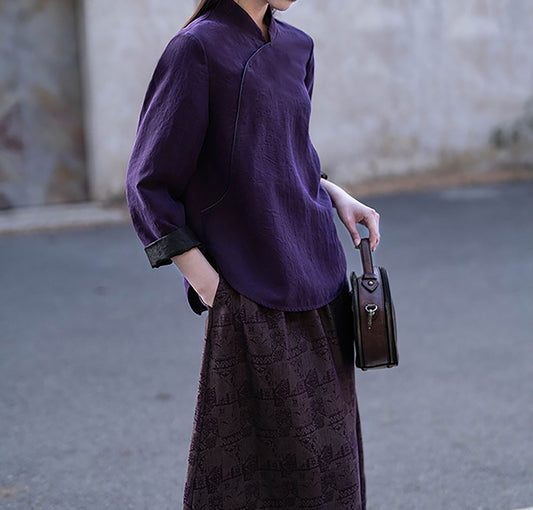 edoa Purple Cracked Mud Silk Cheongsam Top