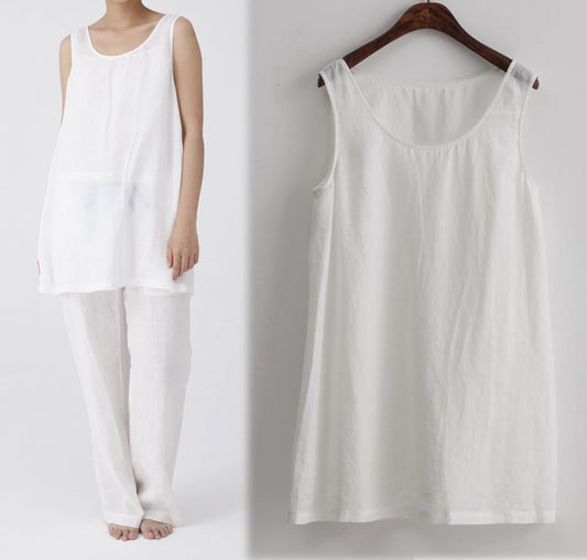 edoa Thin Ramie Trapeze Tank Top with Box Pleated Underarm
