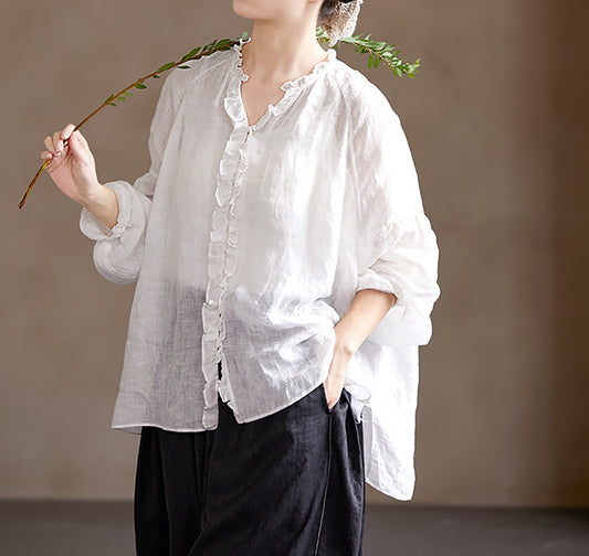 edoa Oversized High Count Hemp Ruffle Blouse