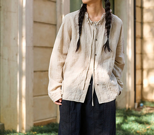 edoa Flax Linen Ruffled Collar Blouse with Pintucks