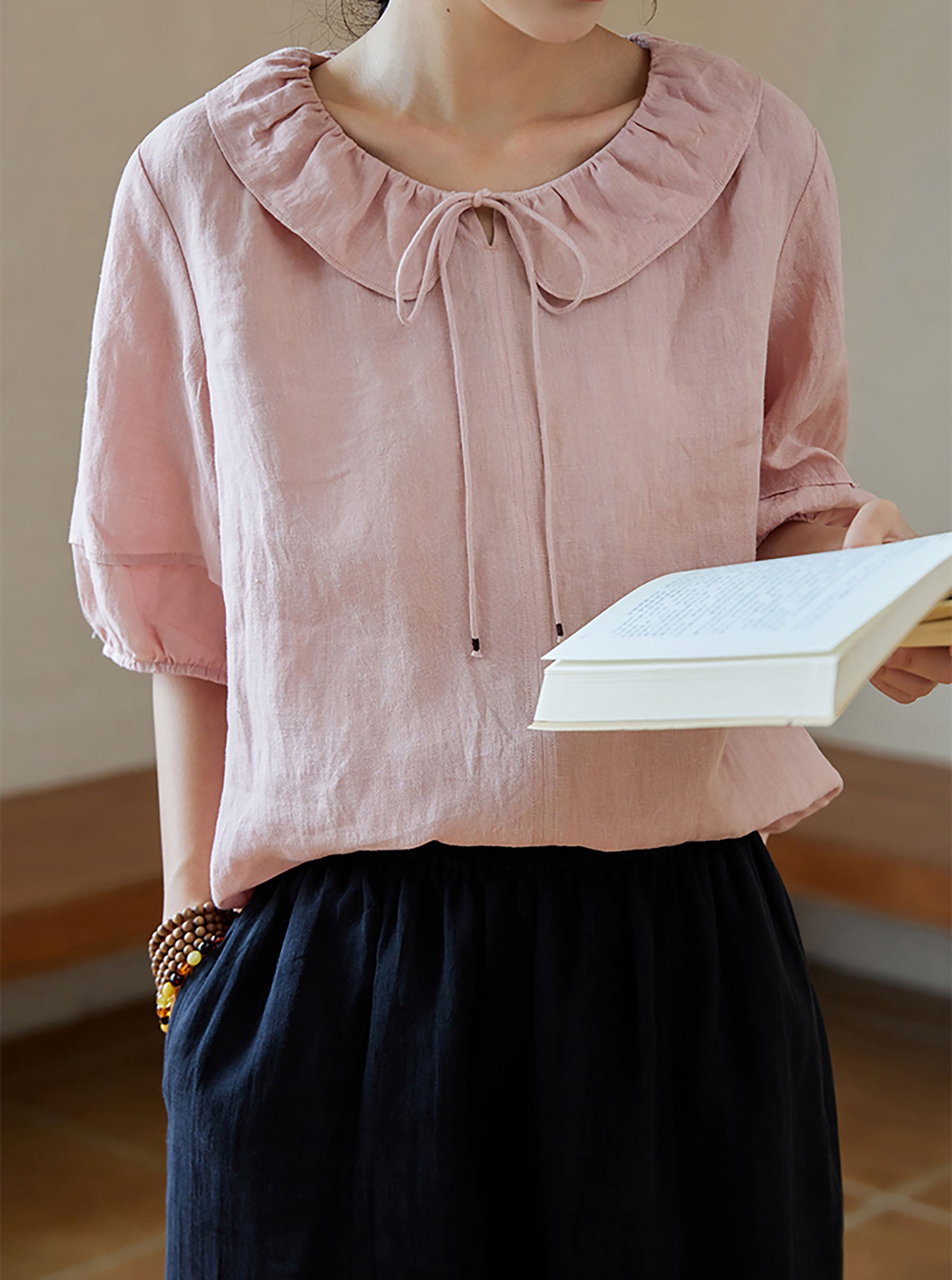 edoa Pink Linen Ruffle Blouse
