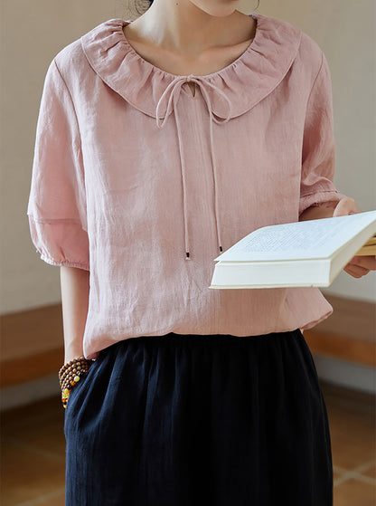 edoa Pink Linen Ruffle Blouse