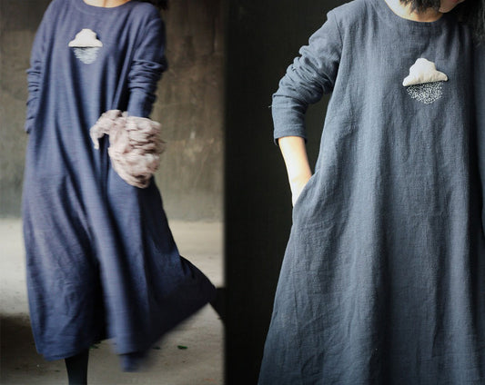 edoa Hand Embroidered Linen Cotton Dress