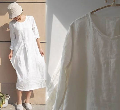 edoa Linen Pleated White Dress