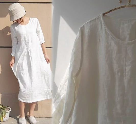 edoa Linen Pleated White Dress