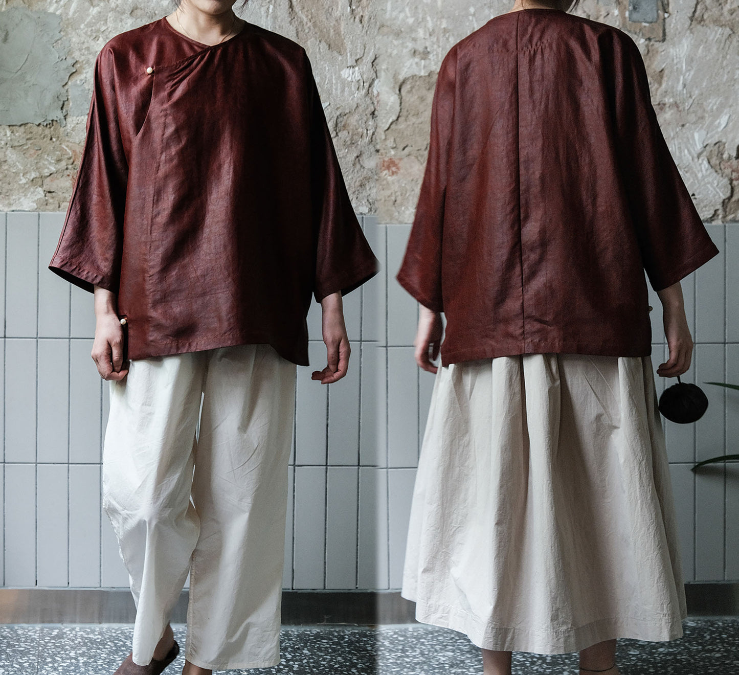 edoa Mud Silk 3/4 Sleeve Chinese Shirt