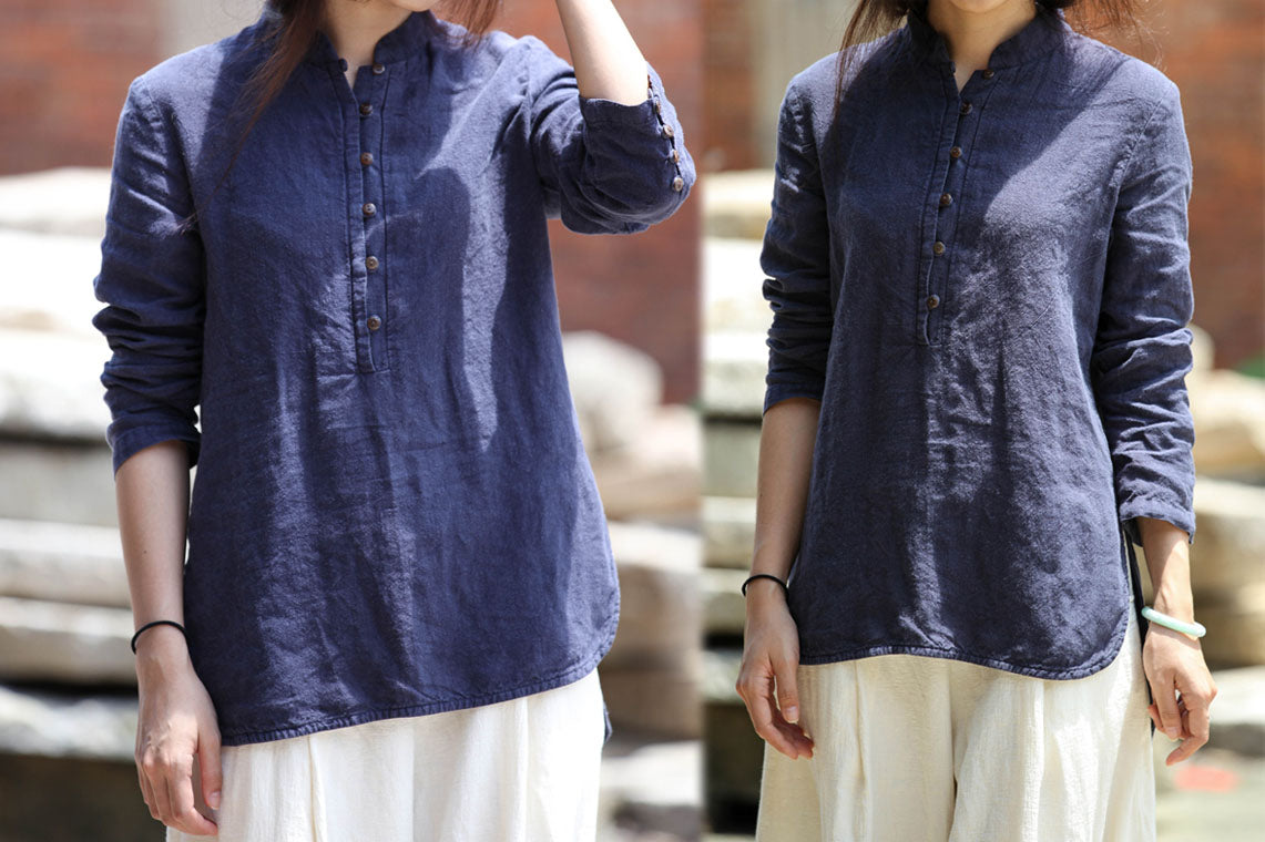 Stand Collar Washed Linen Cotton Blent Shirt to0272 166