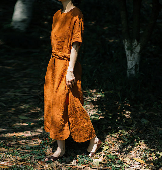 edoa Linen Kaftan Dress with Detachable Belt 