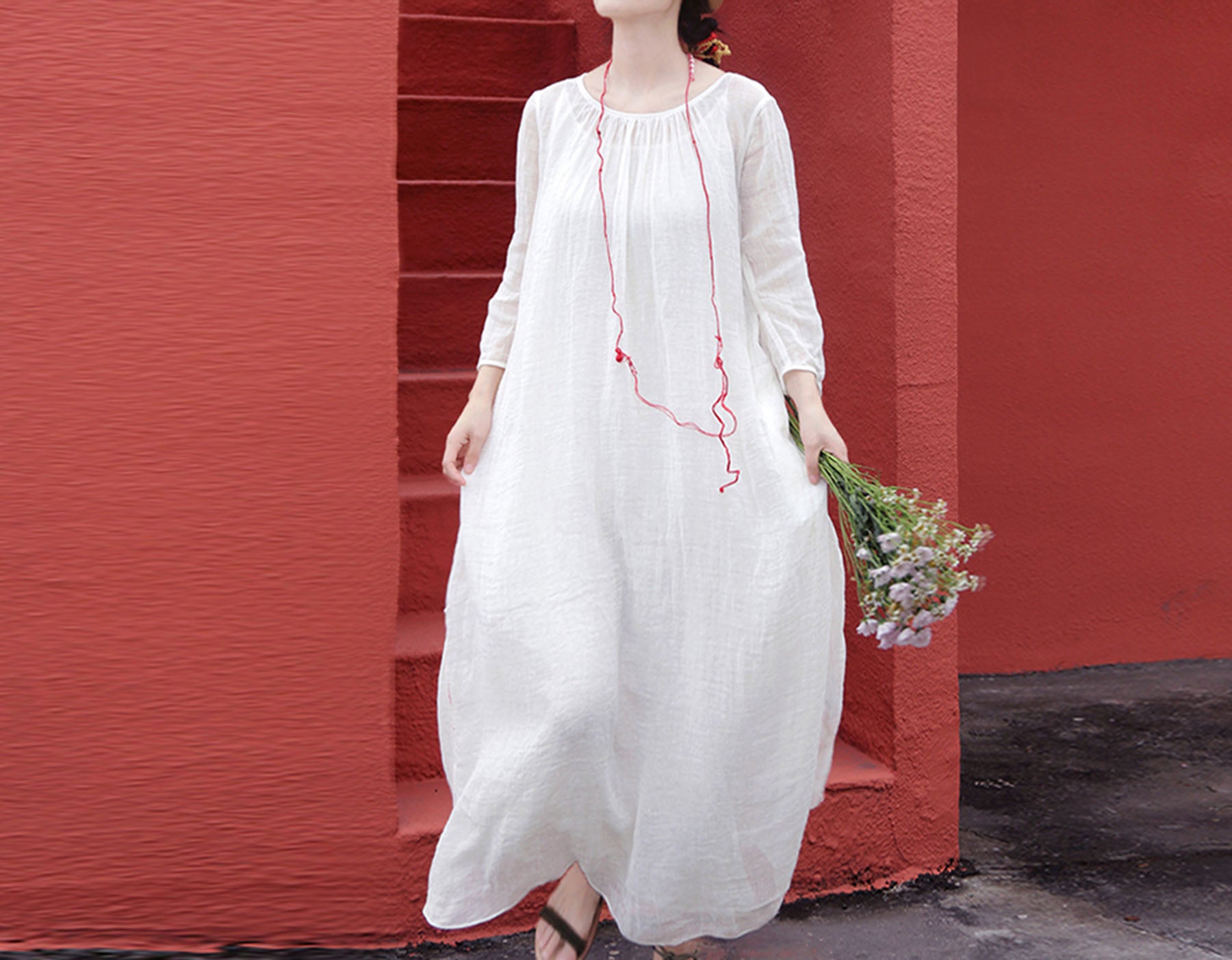 edoa White Linen Gauzy Maxi Dress with Hand Stitch Jointed Panels