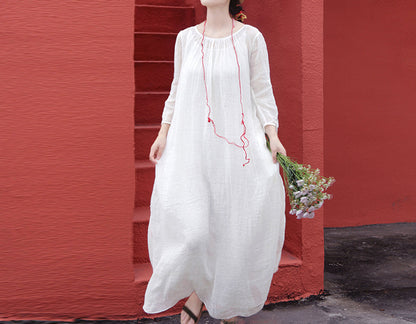 edoa White Linen Gauzy Maxi Dress with Hand Stitch Jointed Panels