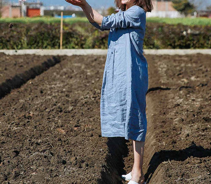 edoa Blue Linen Pleated Dress