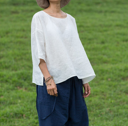 edoa Minimalist White Linen Ease Top
