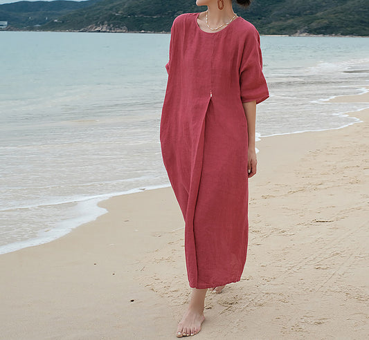 edoa French Linen Pleated Maxi Dress 
