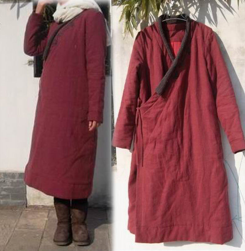 edoa Claret Cable Knit Collar Linen Padding Knee Coat