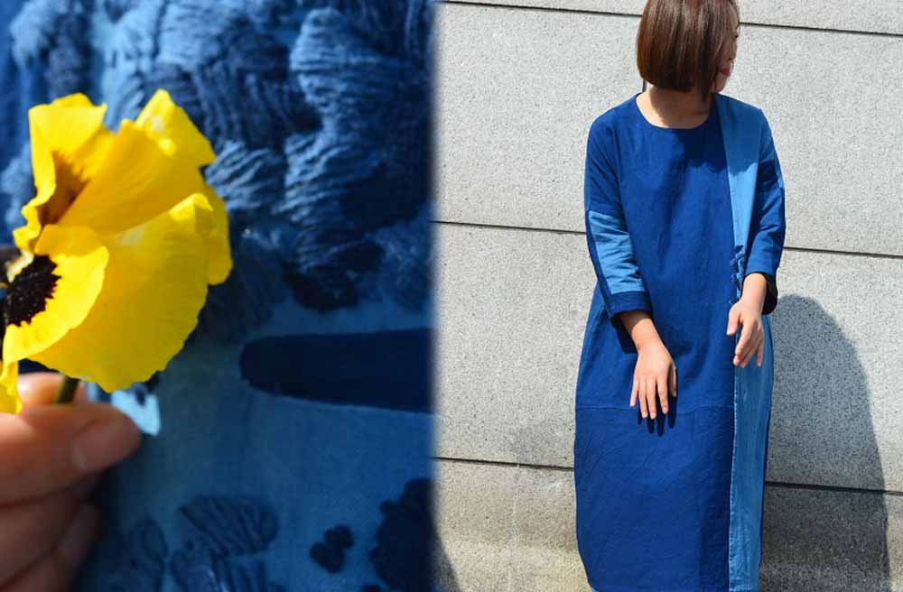 edoa Plant Dyed Patchwork Indigo Blue Cotton Dress
