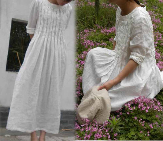 Hand ruching pintucked ruffle dress