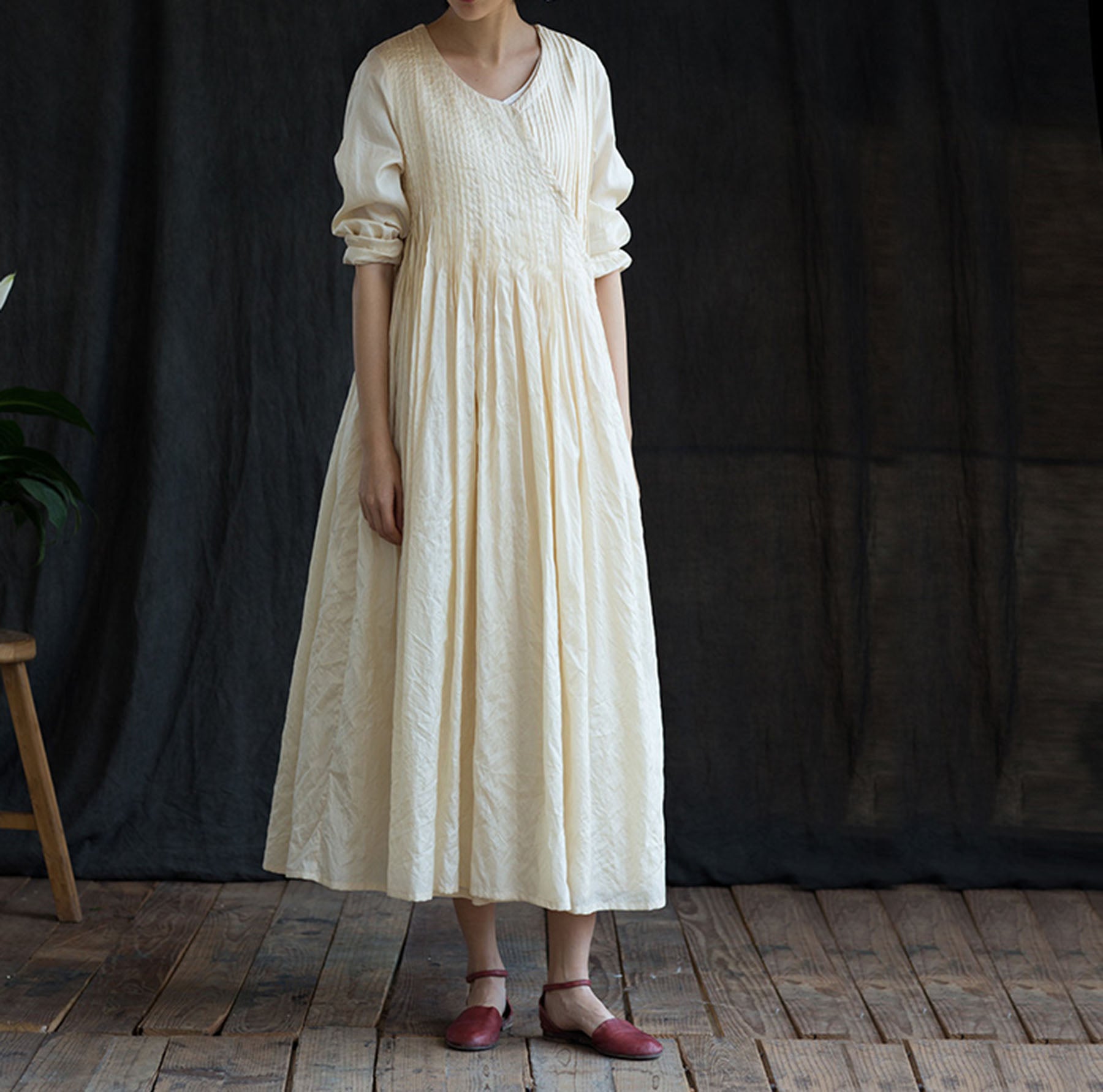 edoa Tussah Silk Hand Pintuck Wrap Dress