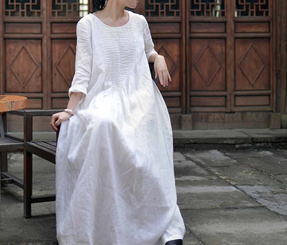 edoa Hand Pintucked Linen Floor-length Dress