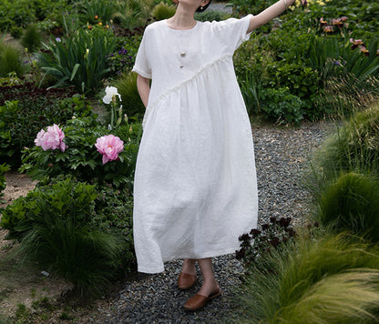 edoa High Waist Gathering Linen Maxi Dress