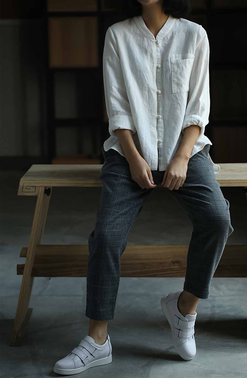 edoa Stand Collar Off White Linen Shirt 