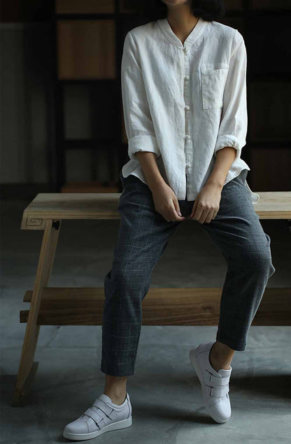 edoa Stand Collar Off White Linen Shirt 