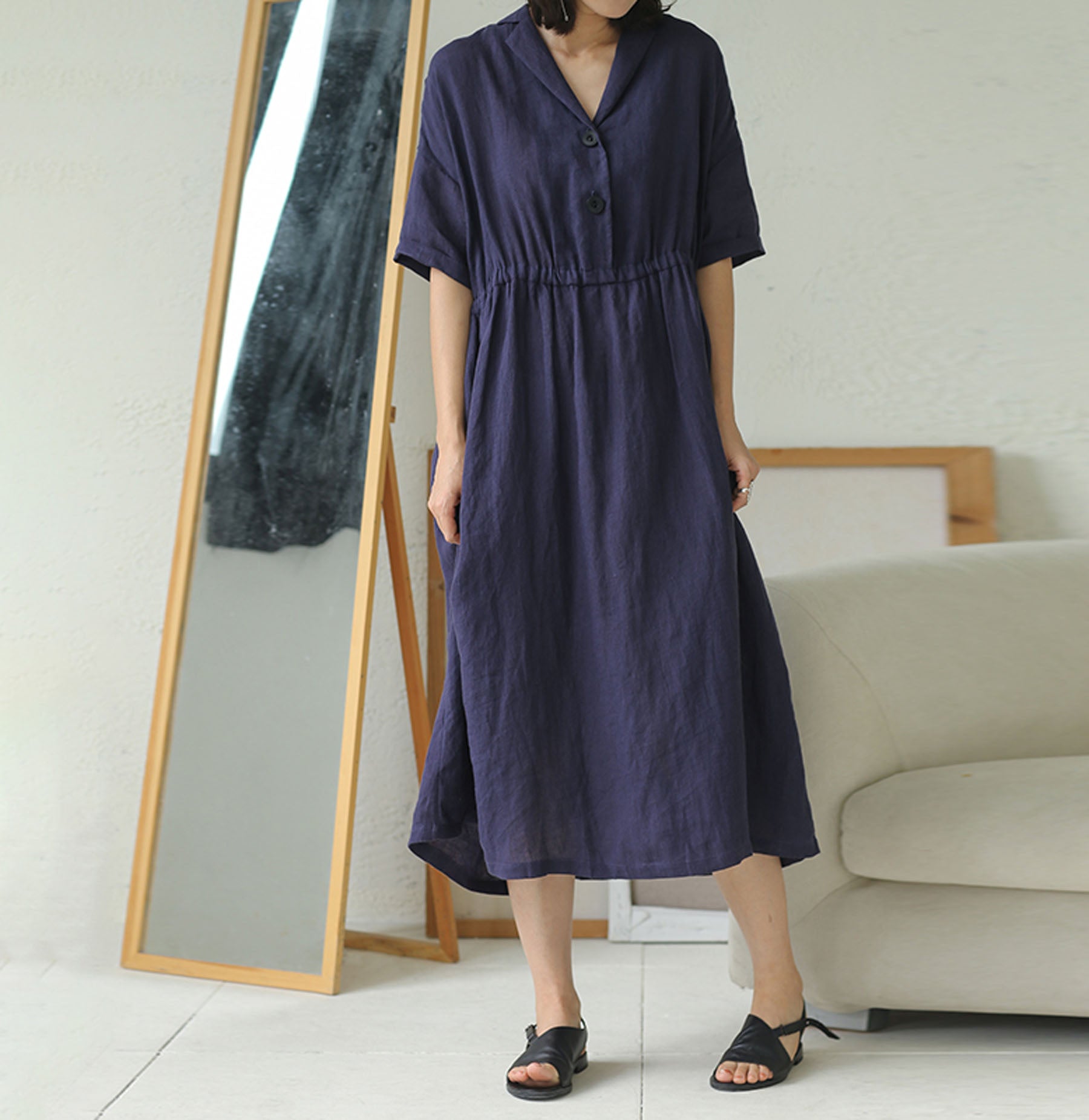 edoa Loose Linen Collar Dress 