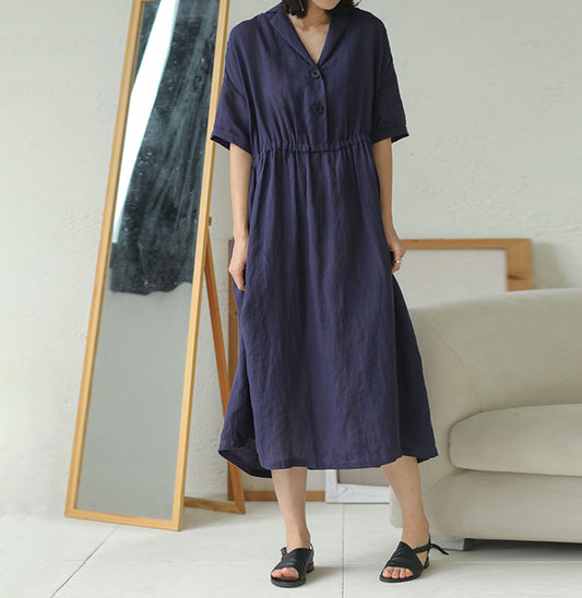 edoa Loose Linen Collar Dress 