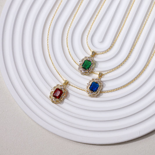 edoa Vintage Victorian Rectangle Halo Gemstone Necklace 