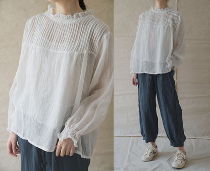 edoa Pintucked High Counted Ramie Blouse