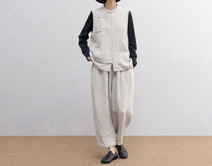 edoa Twill Flax Linen Tapered Pants with Elastic Waistband