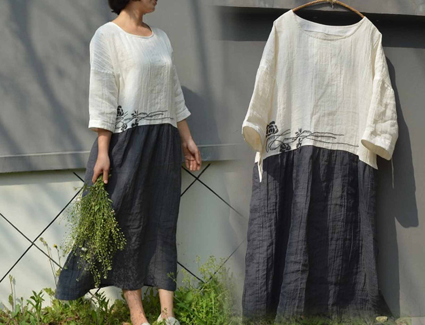 edoa Hand Embroidered Bi-color Ramie Dress