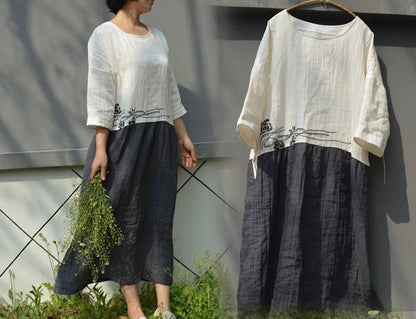 edoa Hand Embroidered Bi-color Ramie Dress