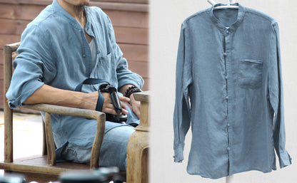 edoa stand collar linen shirt