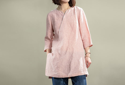 edoa Washed French Linen Qipao Top 