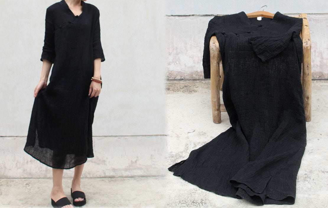 edoa Texture Linen Black Qipao Dress