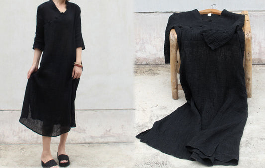 edoa Texture Linen Black Qipao Dress