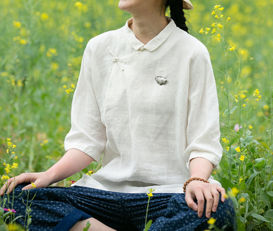 edoa Washed Linen Modified Qipao Top
