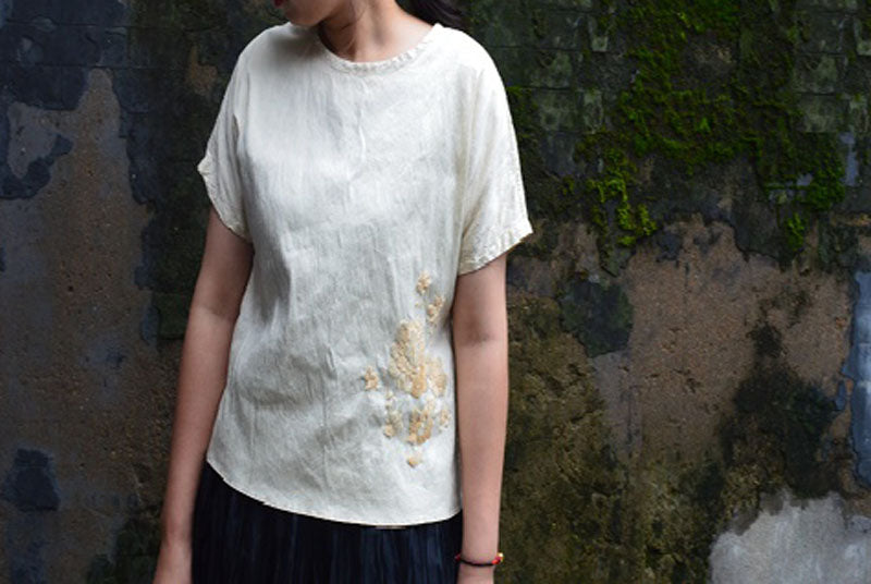 edoa Distressed Pure Dupioni Silk Blouse with Hand Embroidery