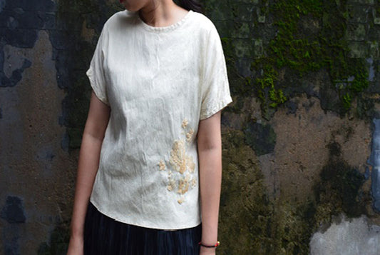 edoa Distressed Pure Dupioni Silk Blouse with Hand Embroidery