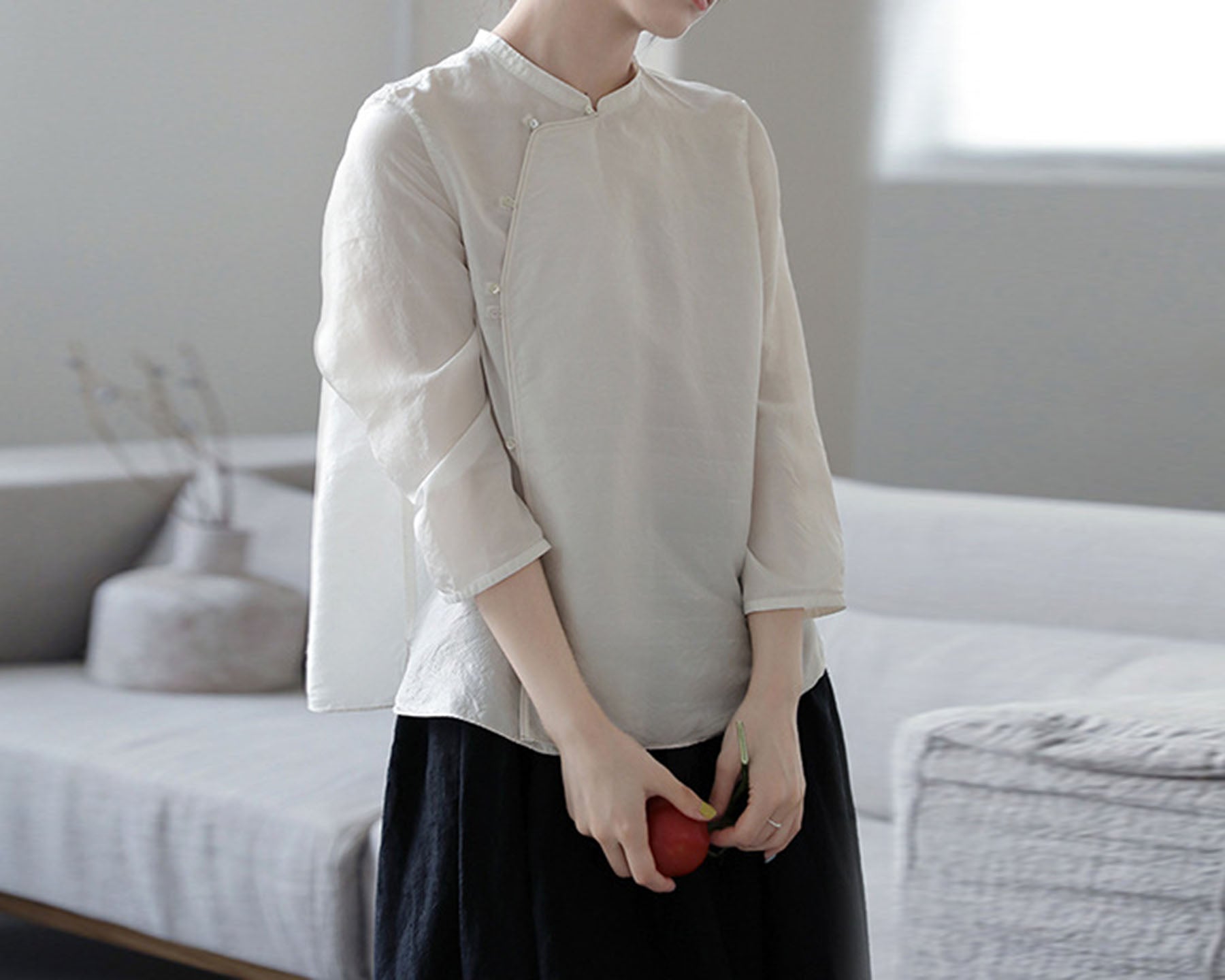 edoa White Thin Dupioni Silk Qipao
