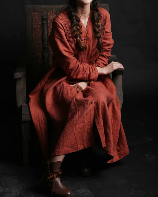edoa Linen Twill Buttoned Hand Pintucked Trench Coat 
