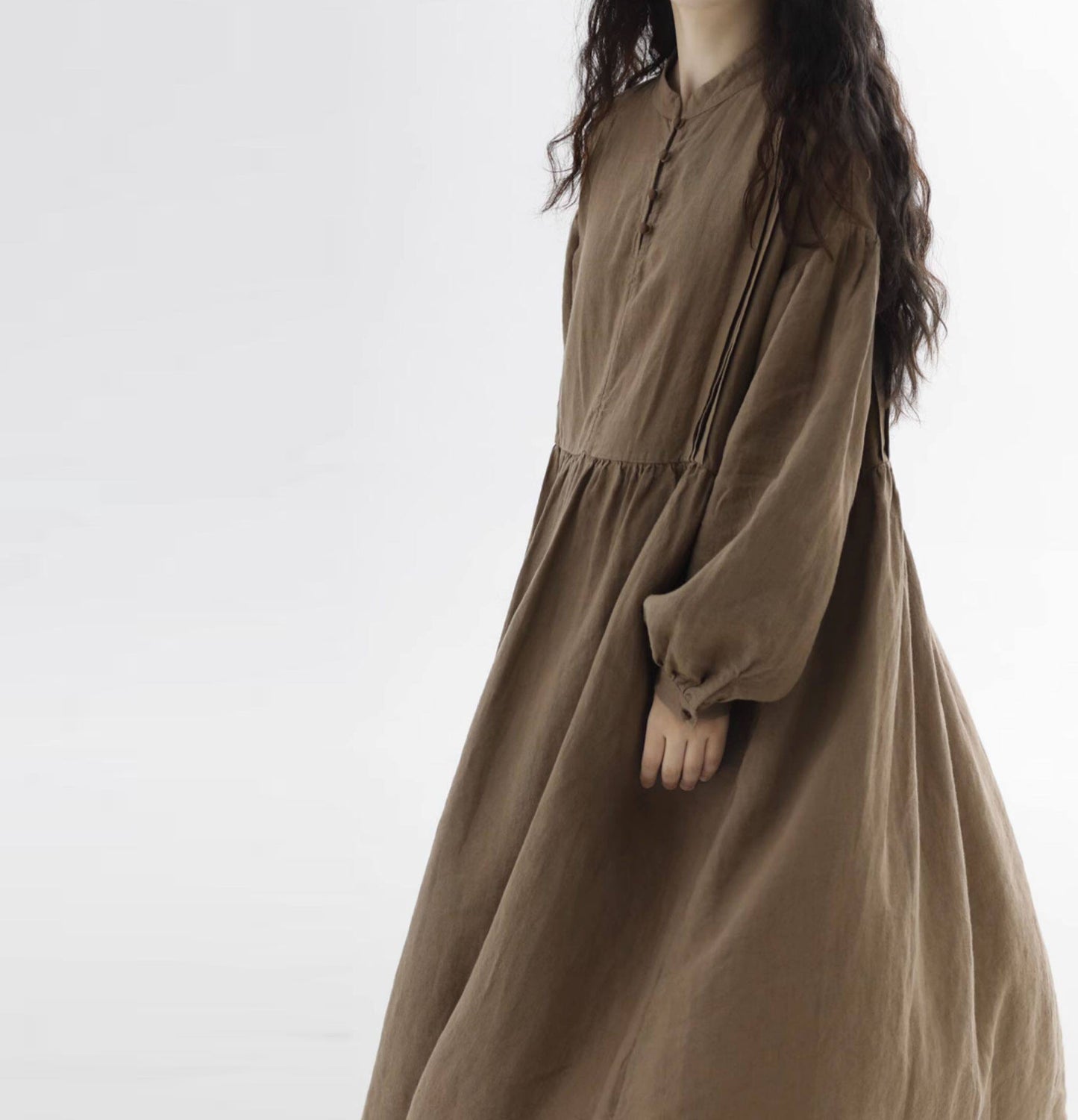 edoa Loose Brown Stone-washed Linen Dress