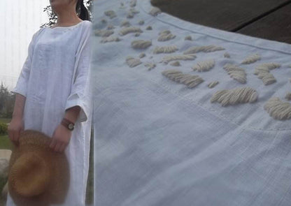 edoa Loose Fitting Hand Embroidered White Linen Dress
