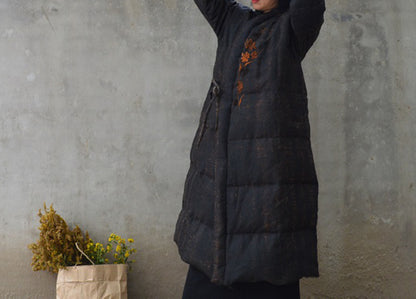 edoa Winter Loose Fitting Distressed Mud Silk Quilt Down Coat wih Hand Embroidery