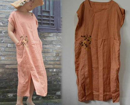 edoa Linen Dress with Hand Embroidery